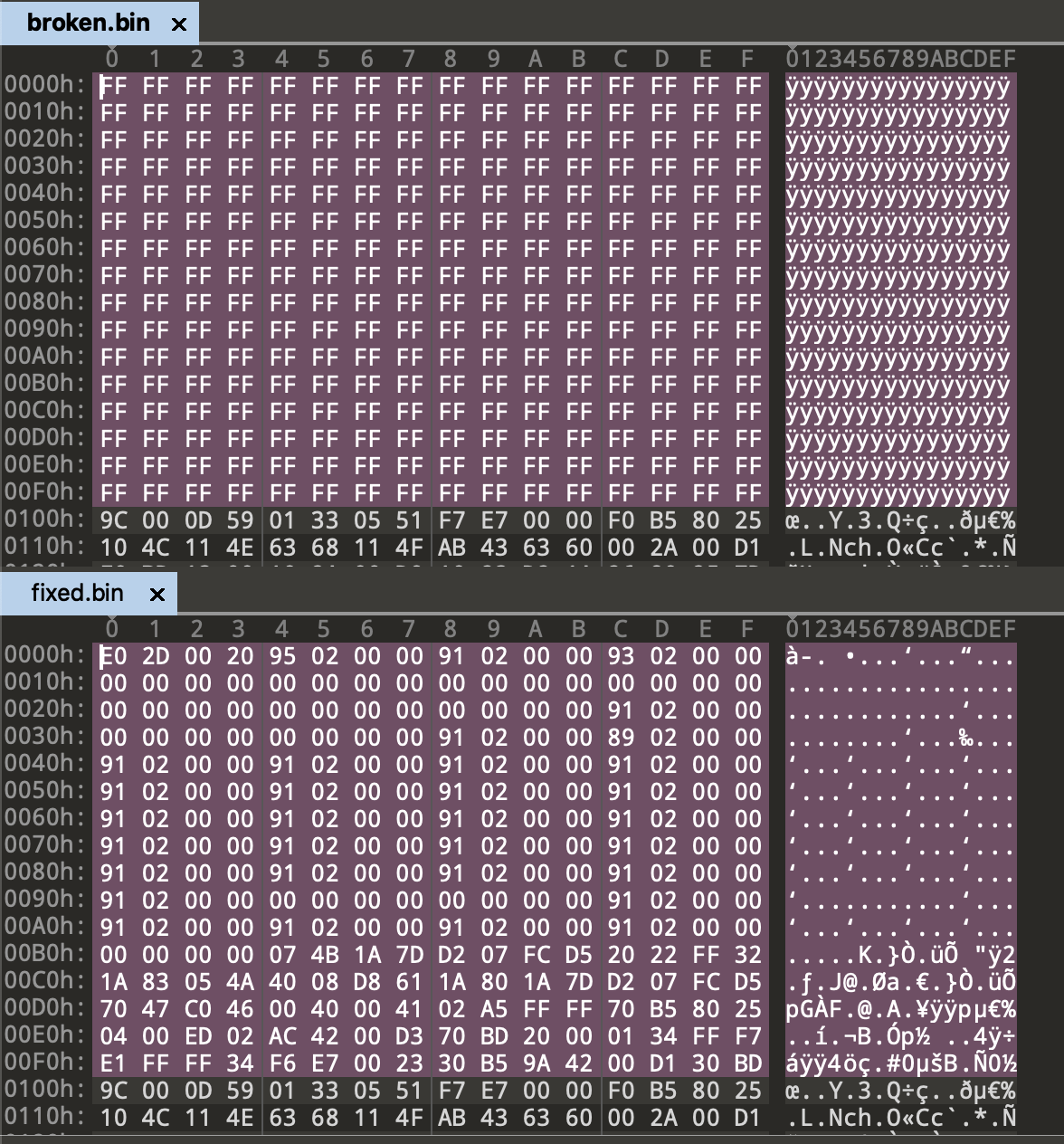 A screenshot of a hex editor comparing two files, the first one showing empty values for the first 256 bytes